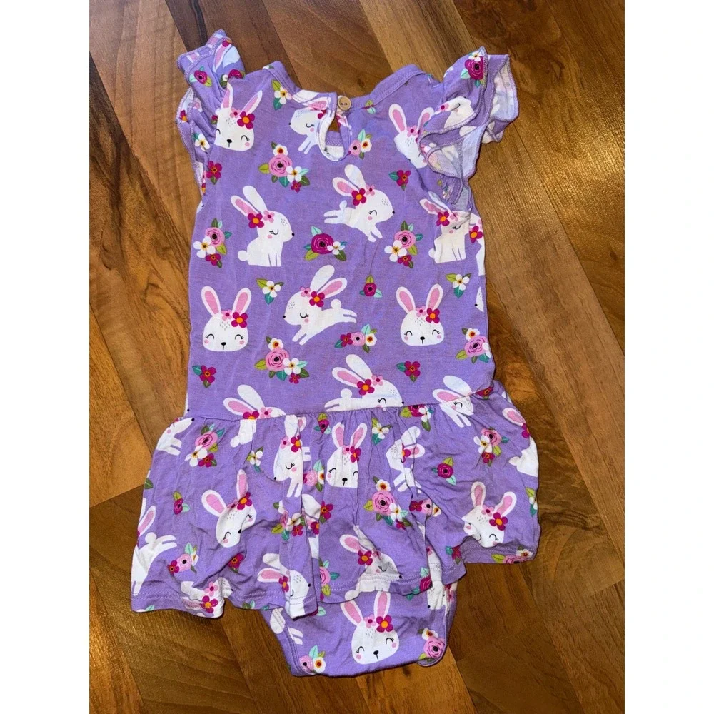 Little Bum Bums Purple Bunny Floral Bamboo Flutter‎ Sleeve Dress Romper 18-24M
